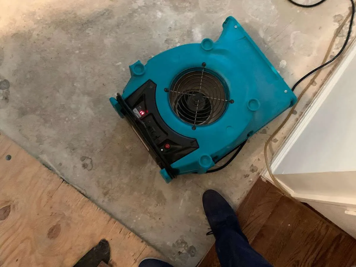 Air mover drying subfloor during Leak Detection & Repair in Plainfield
